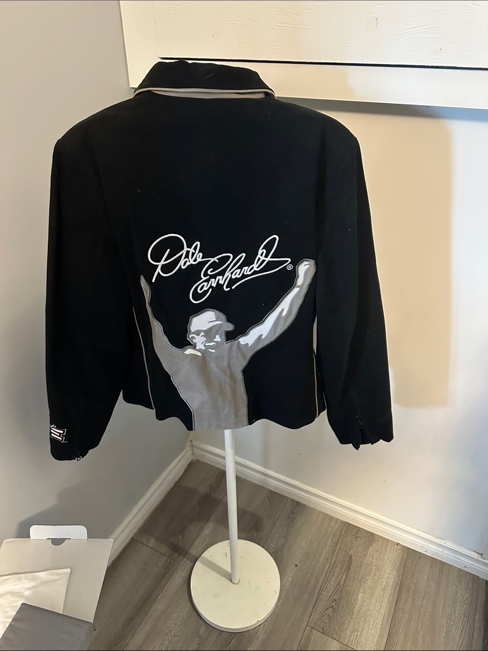 Black Graphic Cropped Jacket with Raised Arms Artwork